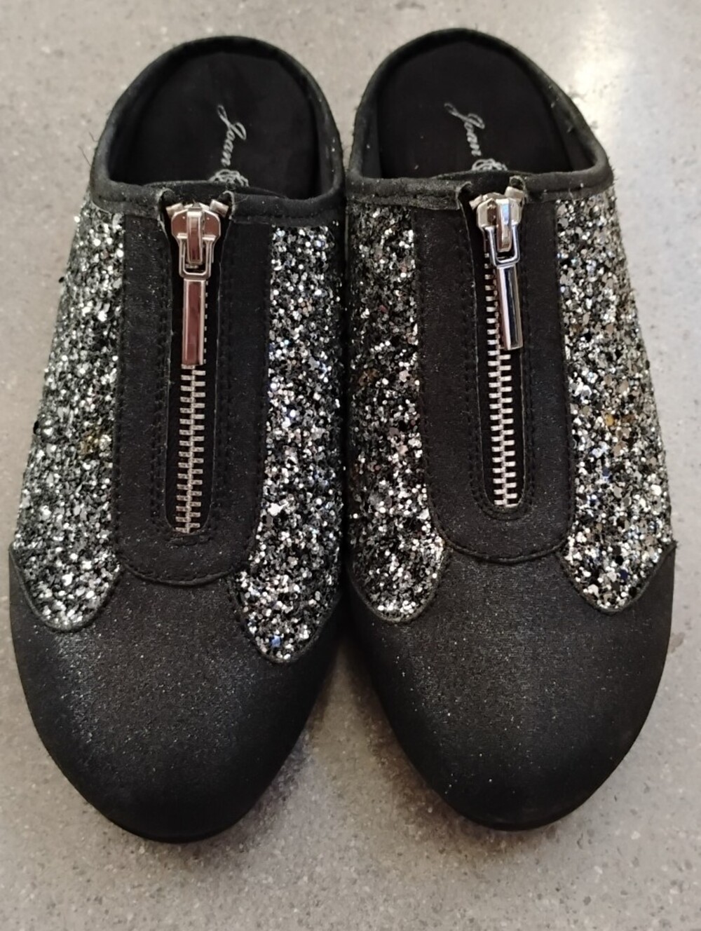 Joan Boyce  Black Glitter Zip-Front Slip-On Mules